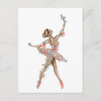 Cartão Postal Bailarina dançante aquarela com borboleta