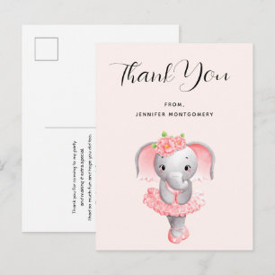 Cartão Postal Bailarina de Elefante Fofa Rosa e Cinza Obrigada