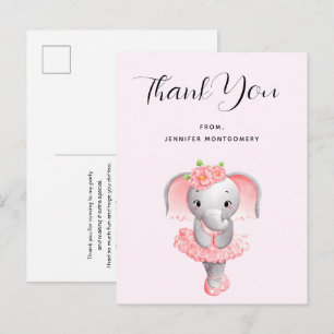 Cartão Postal Bailarina de Elefante Fofa Rosa e Cinza Obrigada