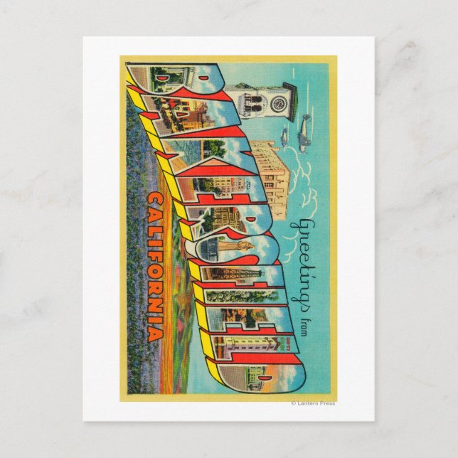 Cartão Postal Bakersfield, Califórnia - Cenas com Letras Grandes (Frente)