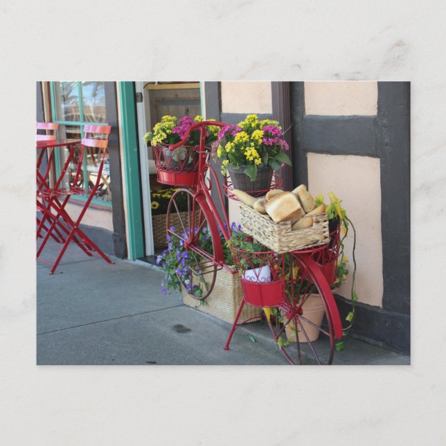 Cartão Postal Bakery em cesta de bicicleta em Solvang a cores (Frente)