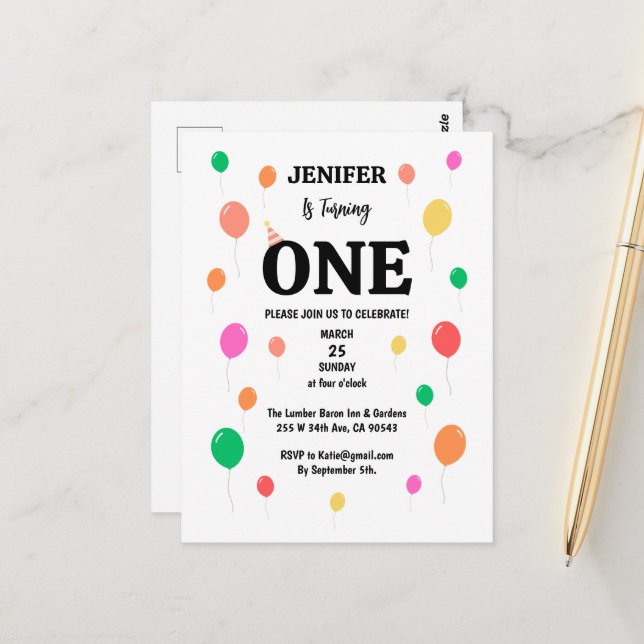 Cartão Postal balão de aniversário colorido alegre (Frente/Verso In Situ)