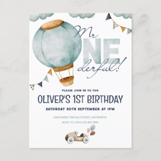 Cartão Postal Balão de Ar Quente Azul de Aquecimento de Aquarela