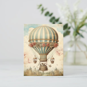 Cartão Postal Balão de Ar Quente com Stripe Azul Floral Vintage