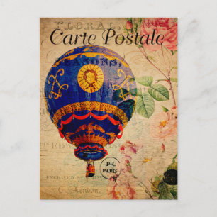 Cartão Postal Balão de ar quente Vintage Floral Flores Francês
