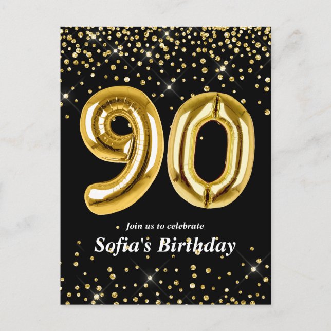 Cartão Postal balão dourado brilhante para festa de 90 anos (Frente)