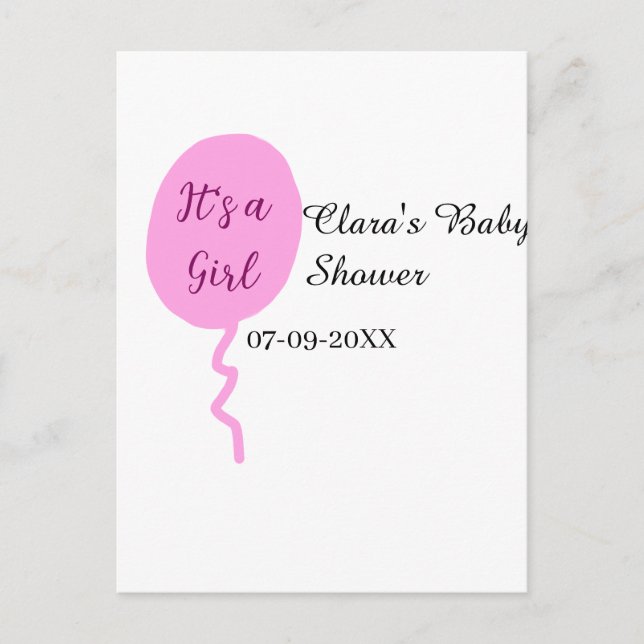 Cartão Postal Balão rosa é uma menina chá de bebê adicionar nome (Frente)