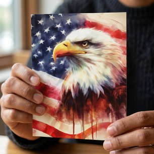Cartão Postal Bald Eagle com bandeira dos Estados Unidos