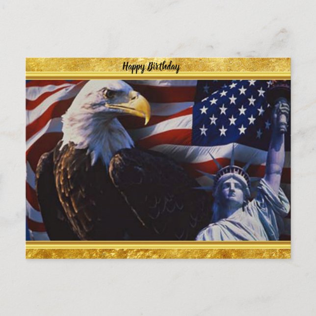 Cartão Postal Bald Eagle e Estátua da Liberdade e bandeira ameri (Frente)