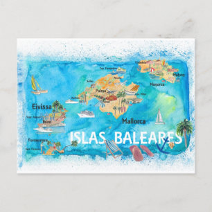 Cartão Postal Balearic Islands Illustrated Travel Map
