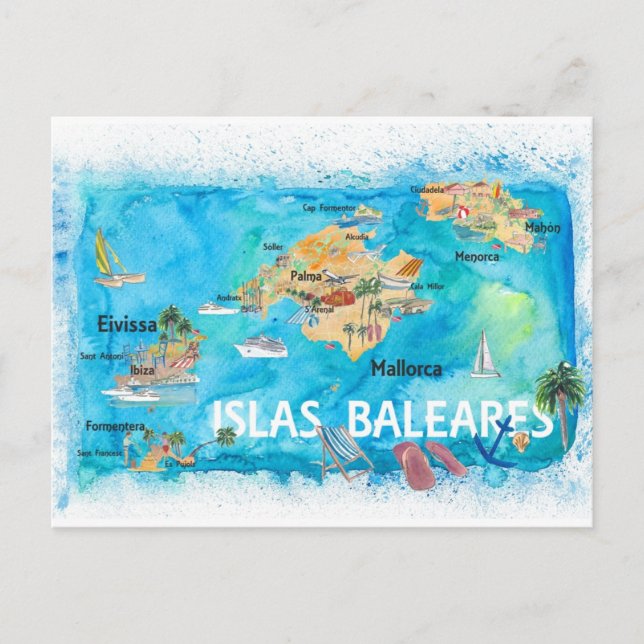 Cartão Postal Balearic Islands Illustrated Travel Map  (Frente)