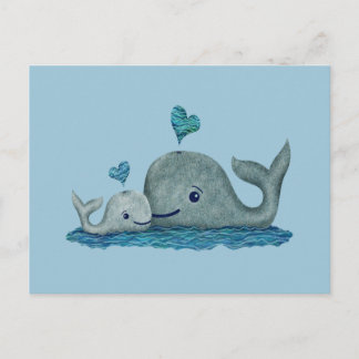 Cartão Postal Baleia Mãe e Bebê Nadando no Mar