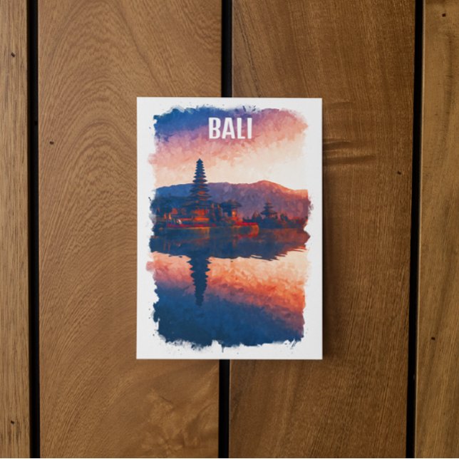 Cartão Postal Bali Indonesia Ulun Danu Beratan Watercolor (Bali Indonesia Travel watercolor postcard)