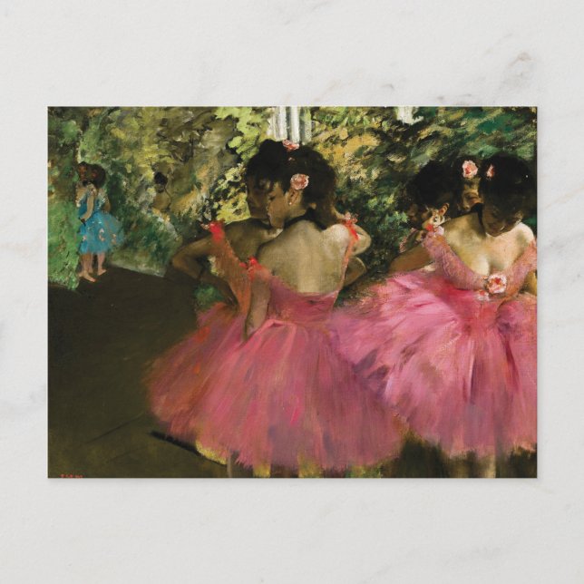 Cartão Postal Ballerinas a rosa por Edgar Degas (Frente)