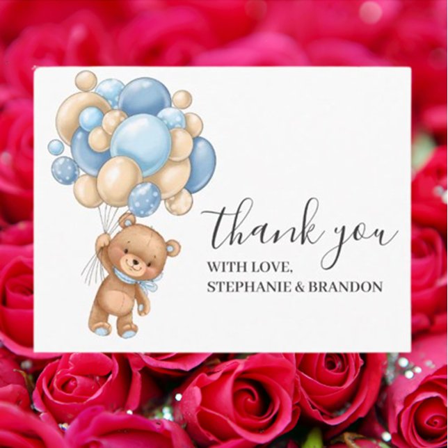 Cartão Postal Balões Azuis De Urso Azul De Aniversário Obrigado (Express heartfelt gratitude with our Birthday Teddy Bear Blue Boy Balloons Thank You Postcard)