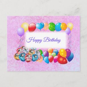 Cartão Postal Balões Coloridos, Aniversário Rosa