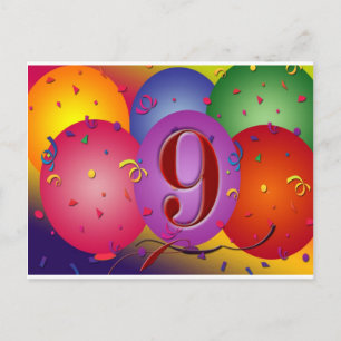 Cartão Postal Baloes coloridos de festa de aniversário de 9 anos