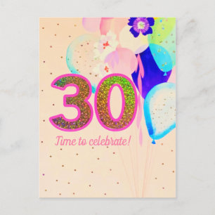 Cartão Postal Balões de Aniversário de 30 Anos Floral Cheers Ros