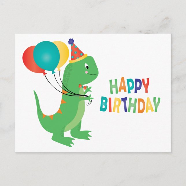 Cartão Postal Balões de Aniversário de Dinossauro (Frente)