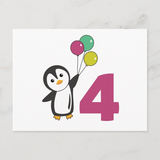 Cartão Postal Balões de Aniversário de Quatro Anos de Pinguim pa (Frente)