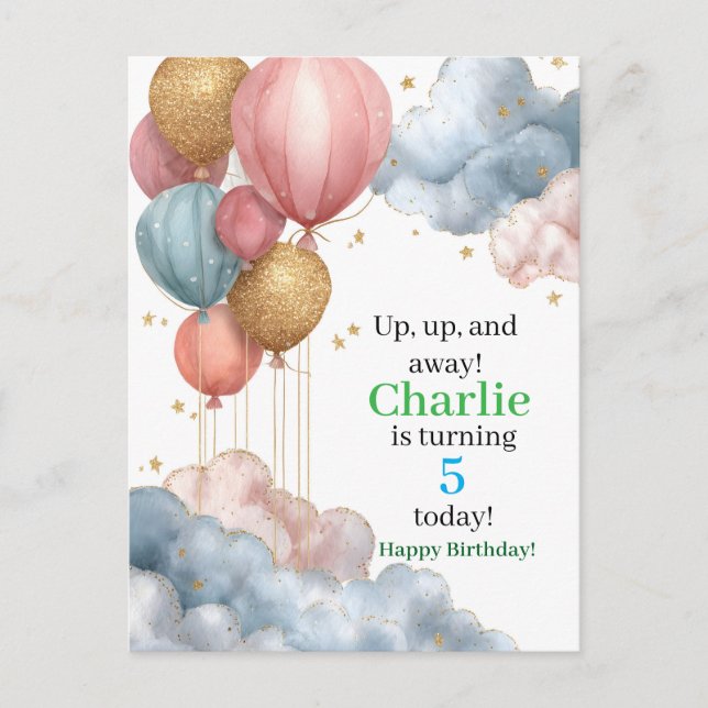 Cartão Postal Balões de ar quente com aquarela e nuvens de brilh (Frente)