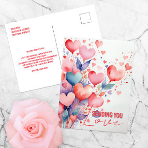 Cartão Postal Balões de Coração em Aquarela com Letra Elegante