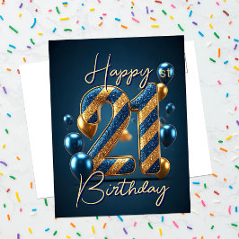 Cartão Postal Balões e Listras Azuis e Dourados Aniversário de 2