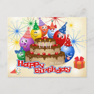 Cartão Postal Balões Engraçados de Aniversário e Bolo de Chocola