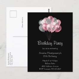 Cartão Postal Balões Glitter Rosa e Prata Aniversário