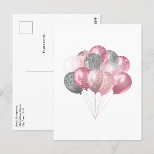 Cartão Postal Balões Luminosos Rosa e Prata