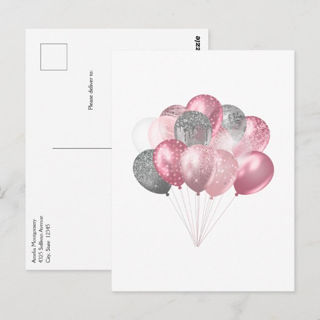 Cartão Postal Balões Luminosos Rosa e Prata (Frente/Verso)