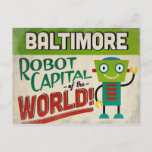 Cartão Postal Baltimore Maryland Robot - Funny Vintage<br><div class="desc">Um cartão postal engraçado da viagens vintage Baltimore de Maryland com um robô amigável com um texto divertido no estilo retrô que diz,  "Baltimore,  Robot Capital do Mundo!"</div>