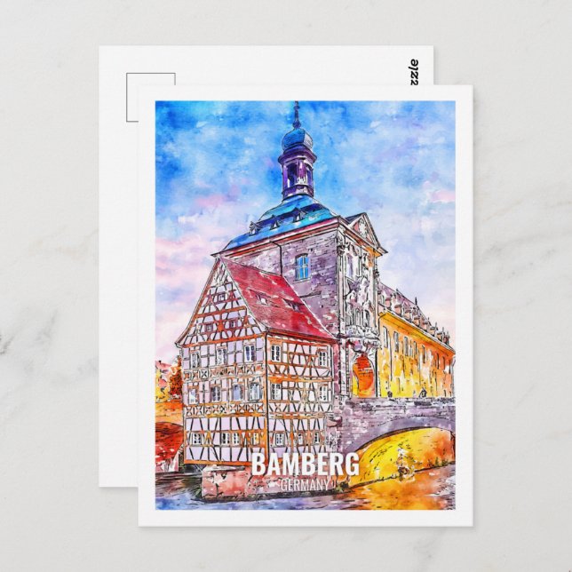 Cartão Postal Bamberg Alemanha Viagem Place Watercolor (Frente/Verso)