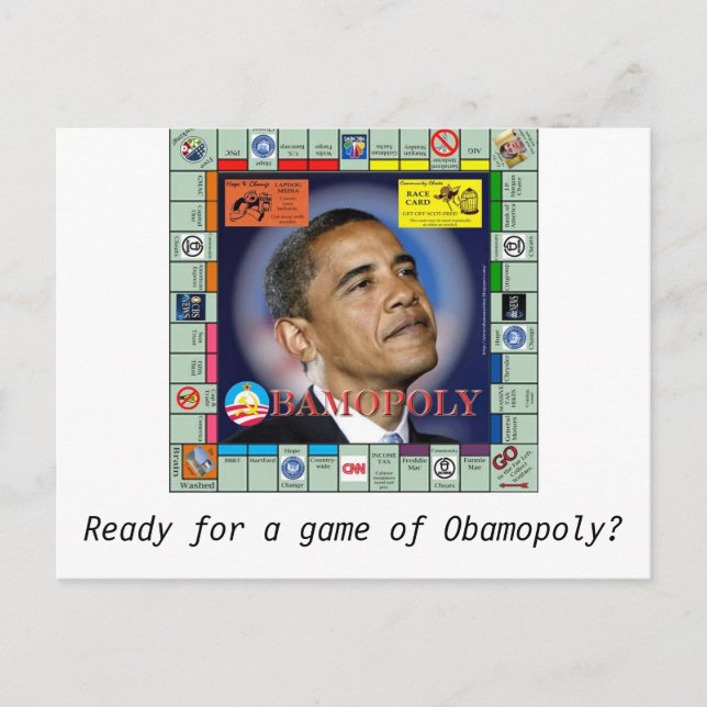 Cartão Postal Bamopoli, Pronta para um jogo de Obamopoli? (Frente)