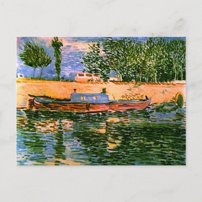 Cartão Postal Bancos do Sena com Boats Van Gogh Fine Art (Frente)