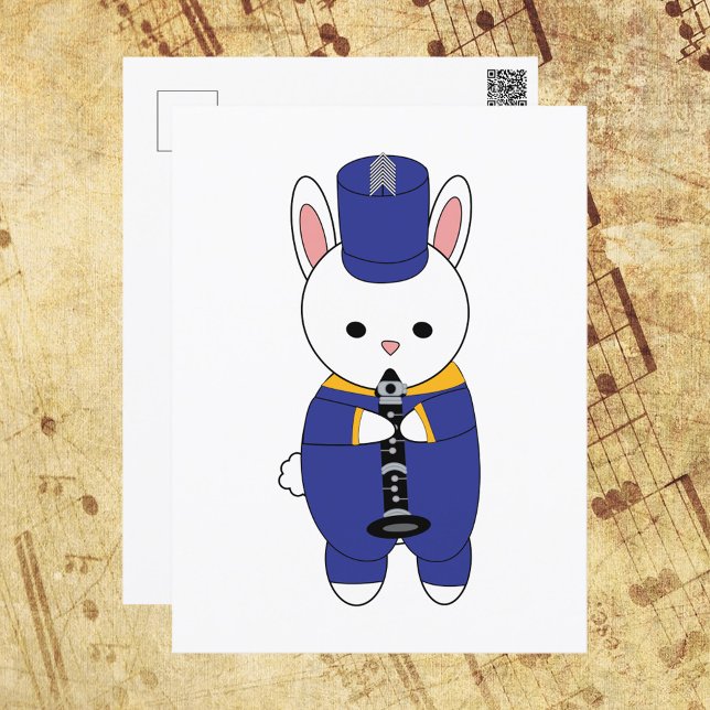 Cartão Postal Banda Marcha Clarinet Azul Amarelo (A postcard with a rabbit playing the clarinet in a blue and yellow marching band uniform.)