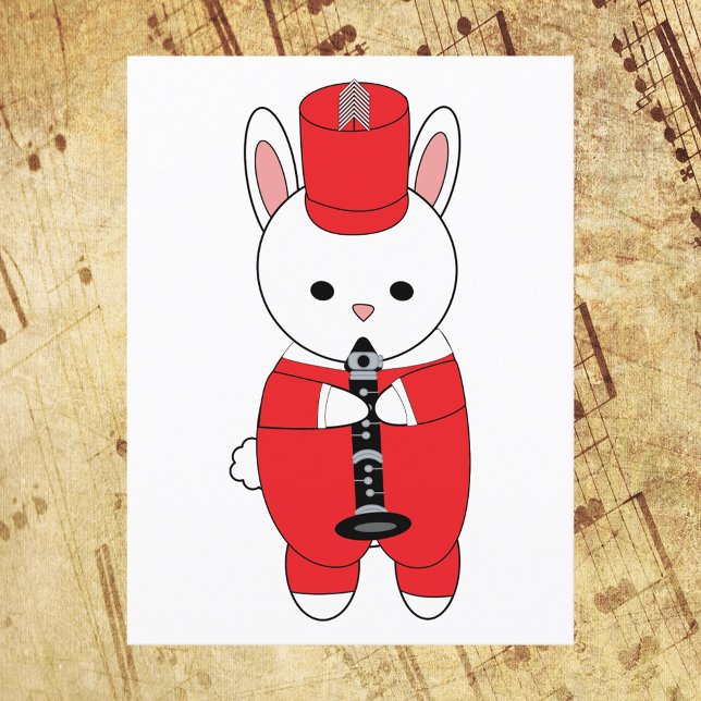 Cartão Postal Banda Marcha Clarinet Rabbit Vermelho Branco (A postcard featuring a bunny rabbit wearing a red and white marching band uniform playing a clarinet)