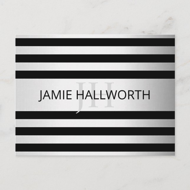 Cartão Postal Bandas de Ombre Silver Faux Contemporâneas & Preta (Frente)