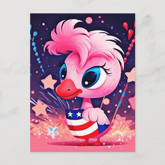 Cartão Postal Bandeira Americana com Flamingo Cartoon-69216 (Frente)