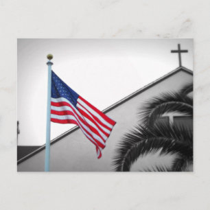 Cartão Postal Bandeira Americana e Crucifixo