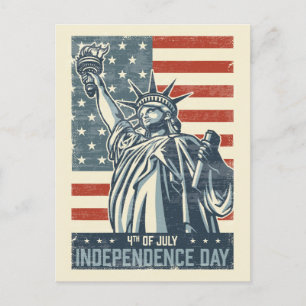 Cartão Postal Bandeira Americana Vintage e Estátua da Liberdade