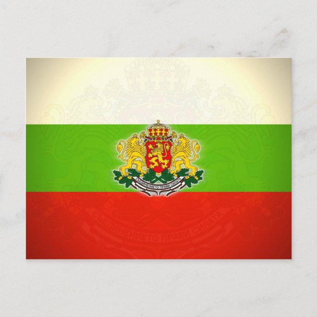 Cartão Postal Bandeira búlgara com Casaco de armas (Frente)