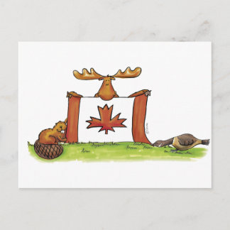 Cartão Postal Bandeira canadiana com alce, castor e ganso