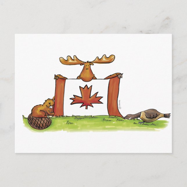 Cartão Postal Bandeira canadiana com alce, castor e ganso (Frente)