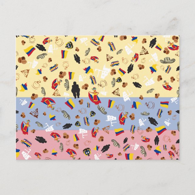 Cartão Postal Bandeira da Colômbia com artigos famosos do país (Frente)