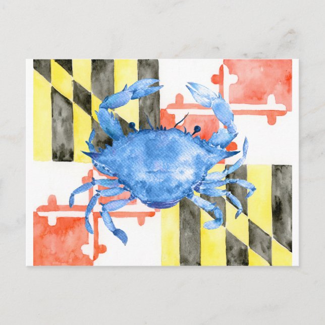 Cartão Postal Bandeira da Maryland da Aquarela e caranguejo azul (Frente)