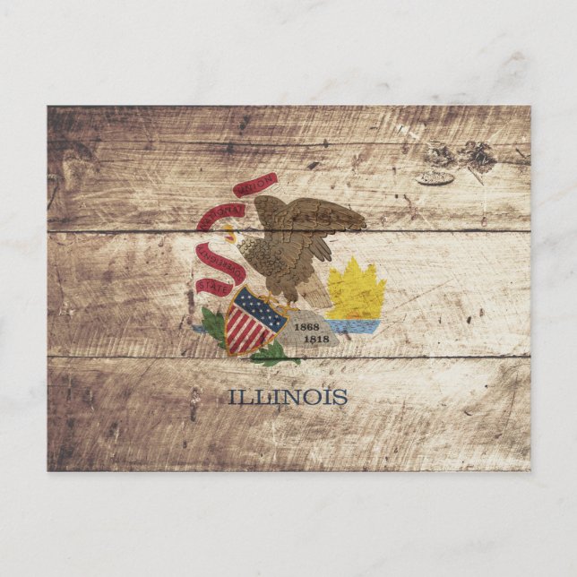 Cartão Postal Bandeira do Estado de Illinois em grão de madeira  (Frente)