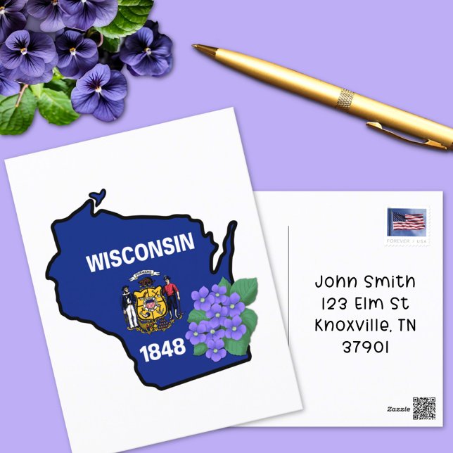 Cartão Postal Bandeira do Estado de Wisconsin e Flor Comum Viole (Criador carregado)