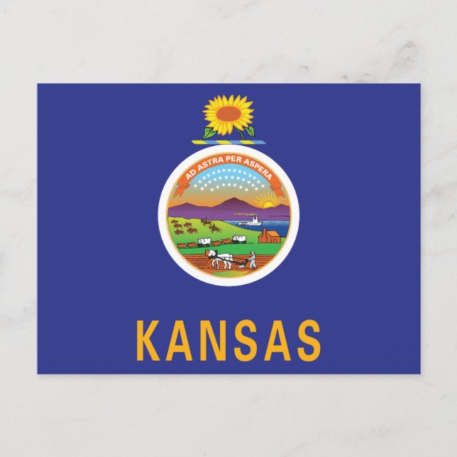 Cartão Postal Bandeira do Kansas Girassol Selo & Ad Astra Lembra (Frente)