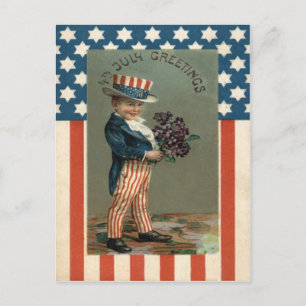 Cartão Postal Bandeira dos EUA Tio Sam Menino Violetas